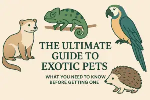 Colorful digital illustration showing various exotic pets like macaws, hedgehogs, and chameleons with the blog title “The Ultimate Guide to Exotic Pets