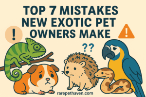 A colorful digital illustration banner showing a variety of exotic pets including a chameleon, parrot, hedgehog, and gecko, surrounded by warning signs and common care mistake icons. The image is titled "Top 7 Mistakes New Exotic Pet Owners Make" with a watermark that reads "rarepethaven.com
