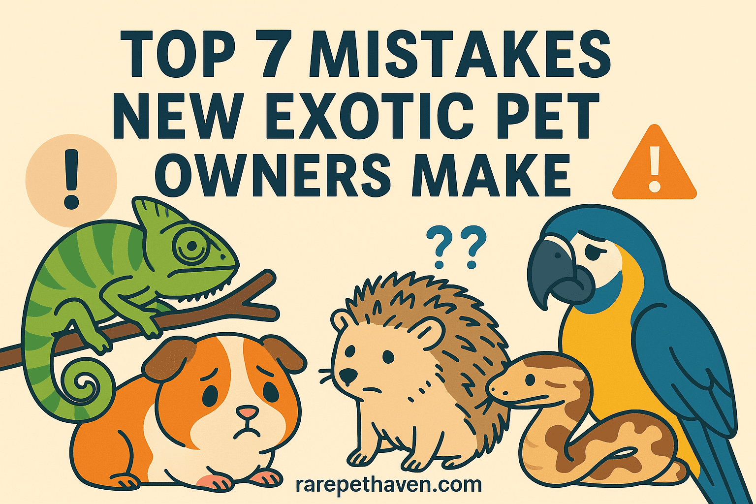 A colorful digital illustration banner showing a variety of exotic pets including a chameleon, parrot, hedgehog, and gecko, surrounded by warning signs and common care mistake icons. The image is titled "Top 7 Mistakes New Exotic Pet Owners Make" with a watermark that reads "rarepethaven.com